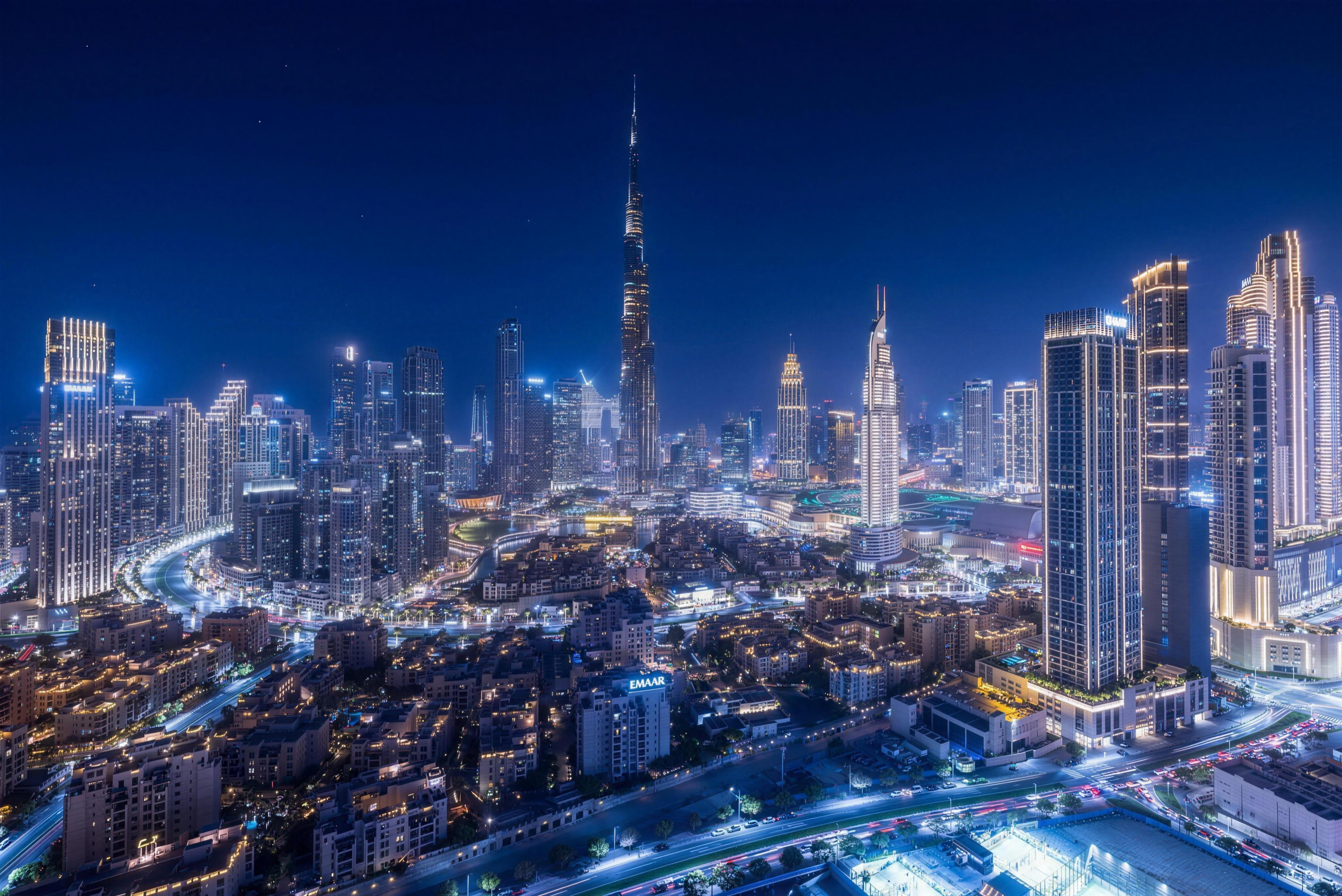 Downtown Dubai at night, with the Burj Khalifa at the centre