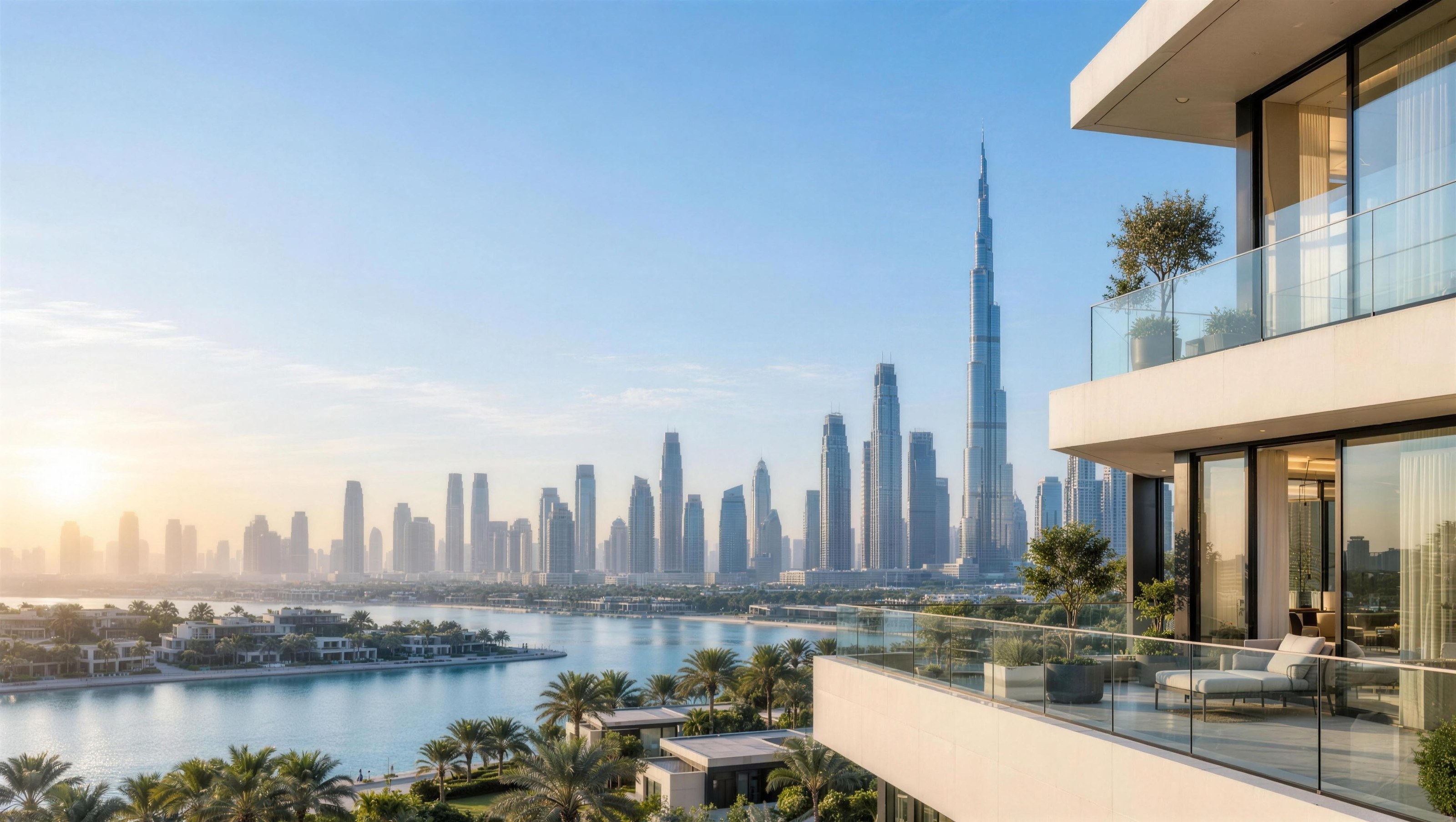 Penthouse terrace overlooking the Dubai skyline and Burj Khalifa at sunrise