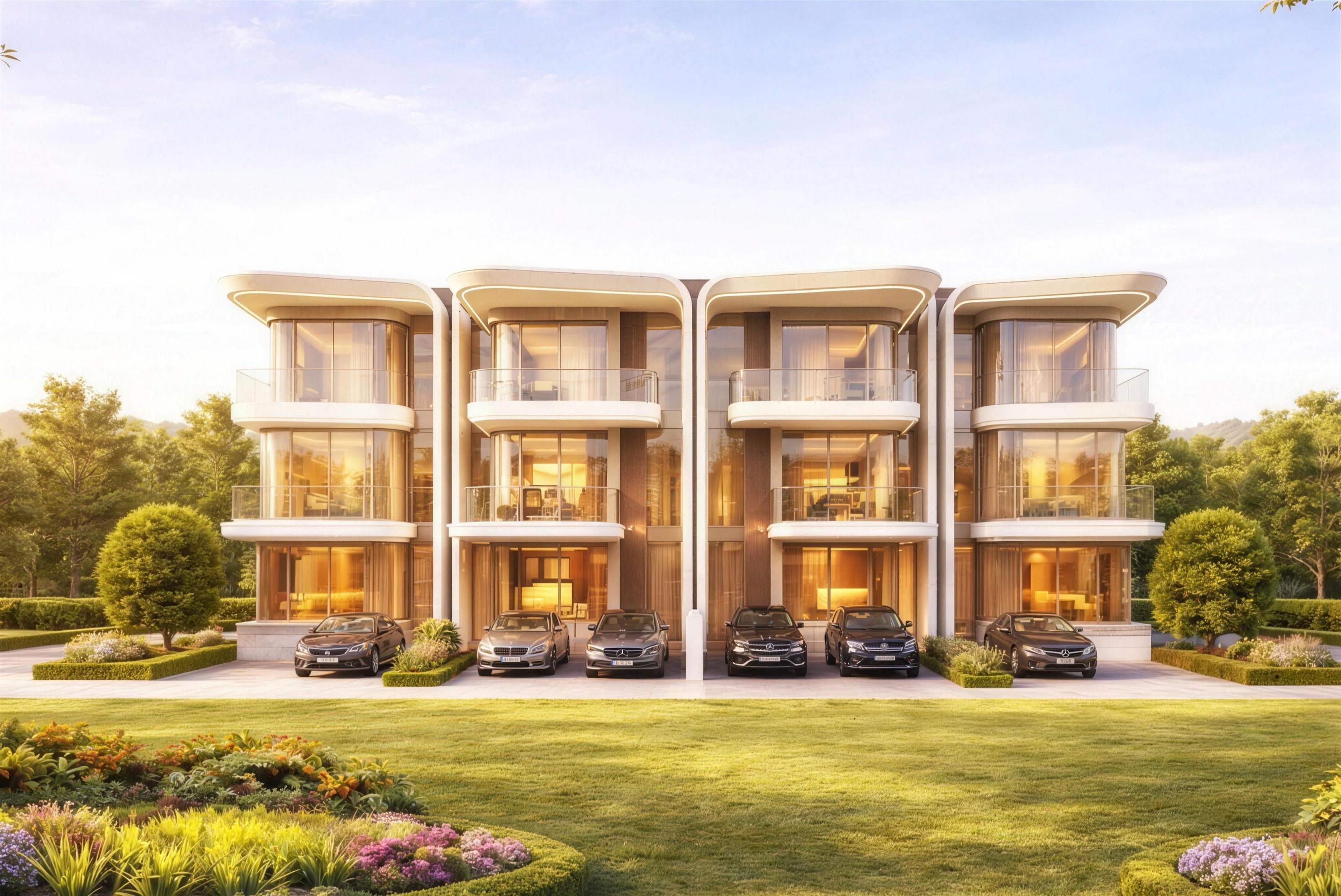Row of contemporary townhouses with curved white canopies and landscaped gardens at golden hour
