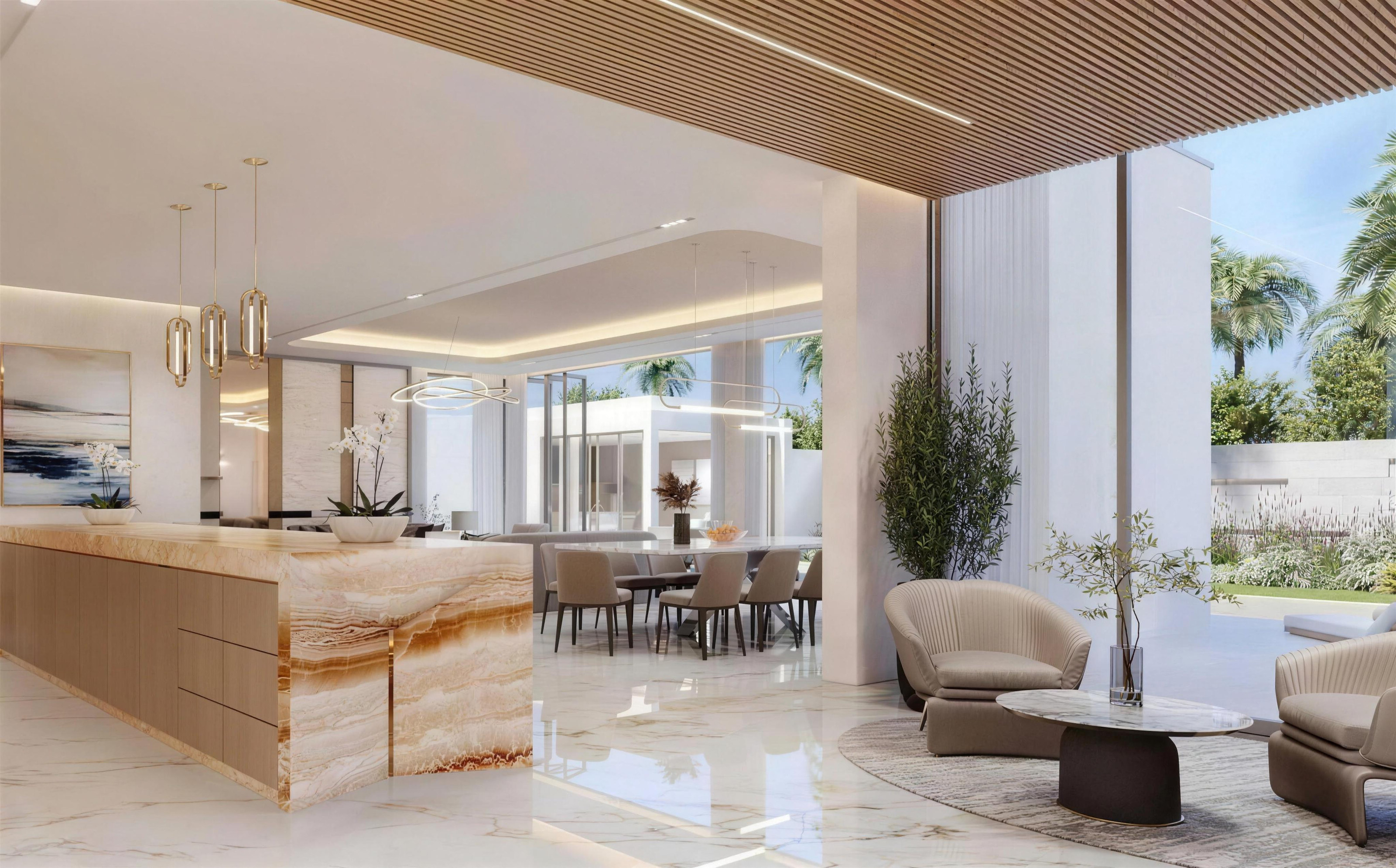 Open-plan villa kitchen and lounge opening onto the garden